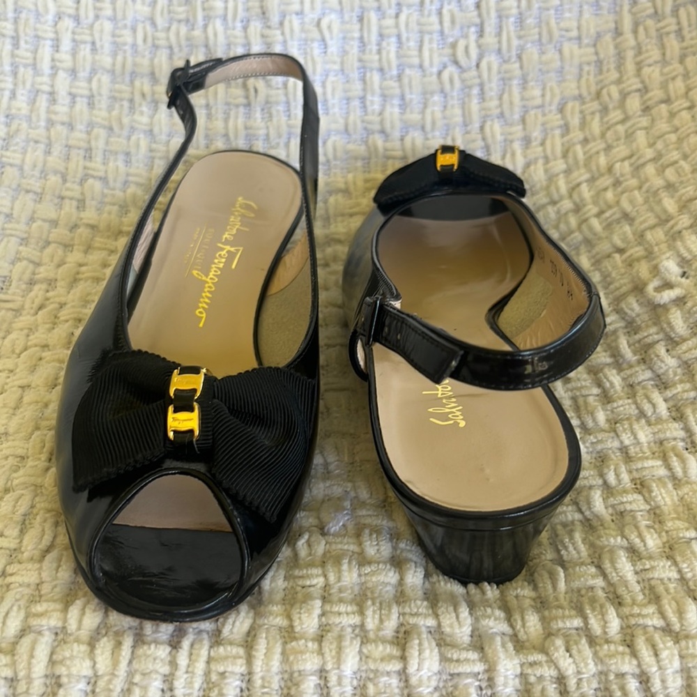 Salvatore Feragammo peep toe patent leather kitten heel